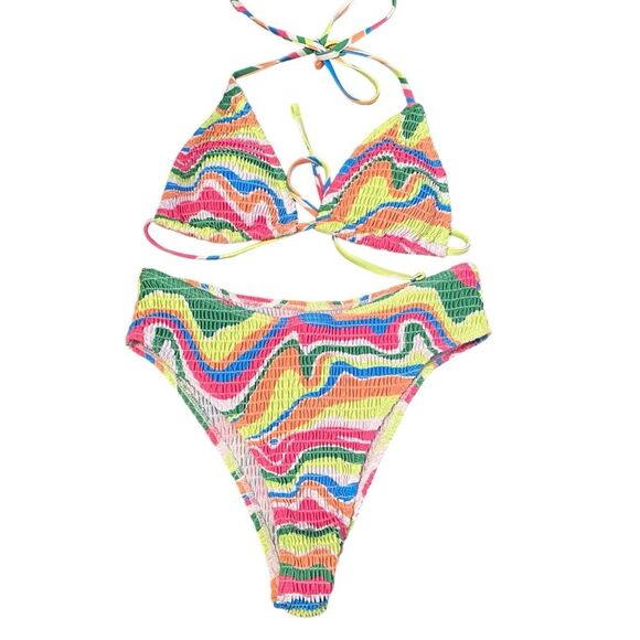Amazon Womens M Smocked Triangle Bikini Set Rainbow Swirl Scrunch Multicolor New - Picture 2 of 7